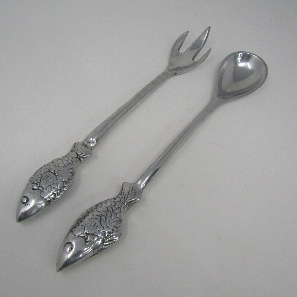 Vintage Fish Handle Salad Serving Set Aluminum Spoon Fork Coastal Decor 12.5"